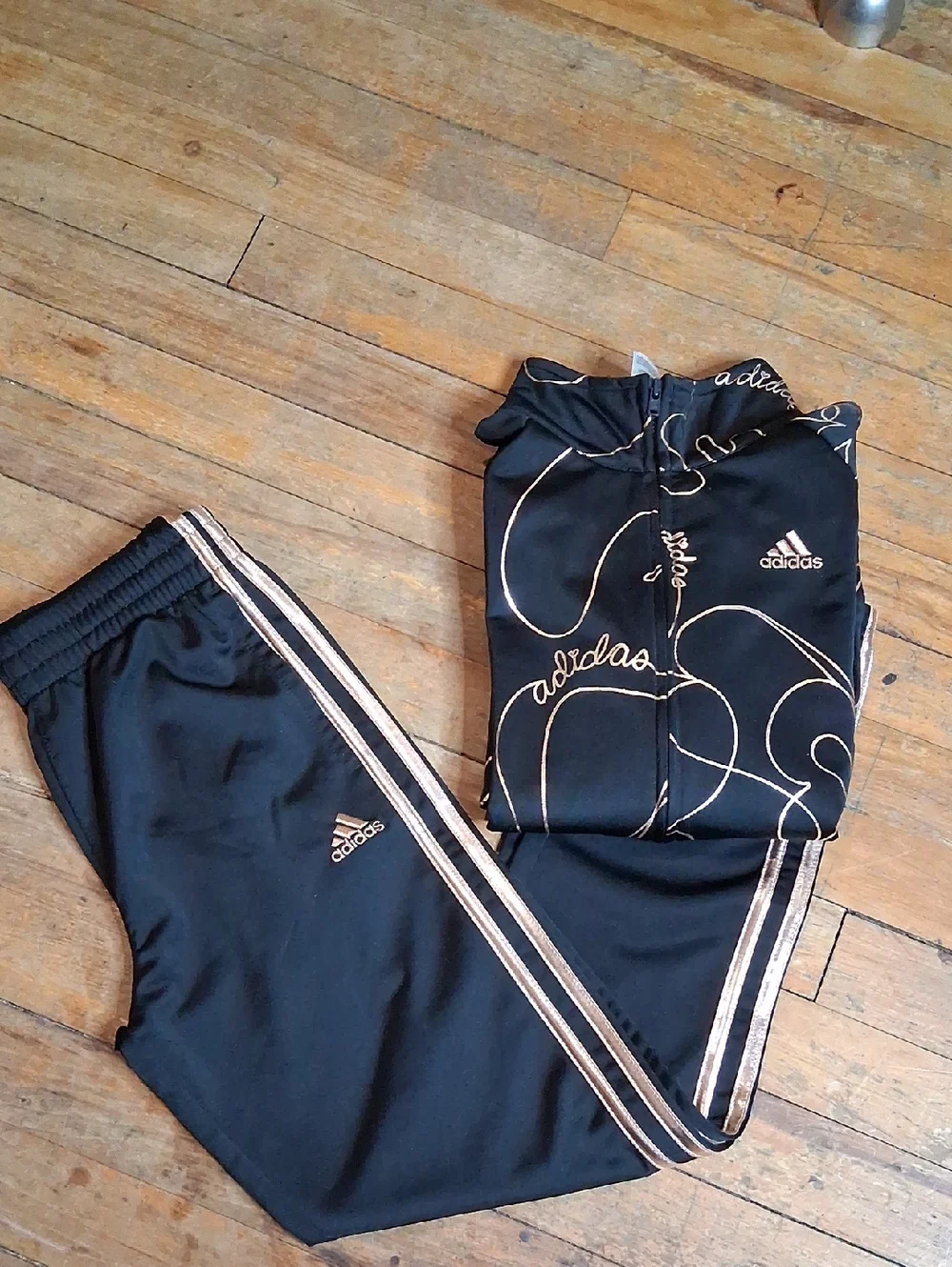 adidas Black Track Jacket and Pants with Rose-Gold Line Art
